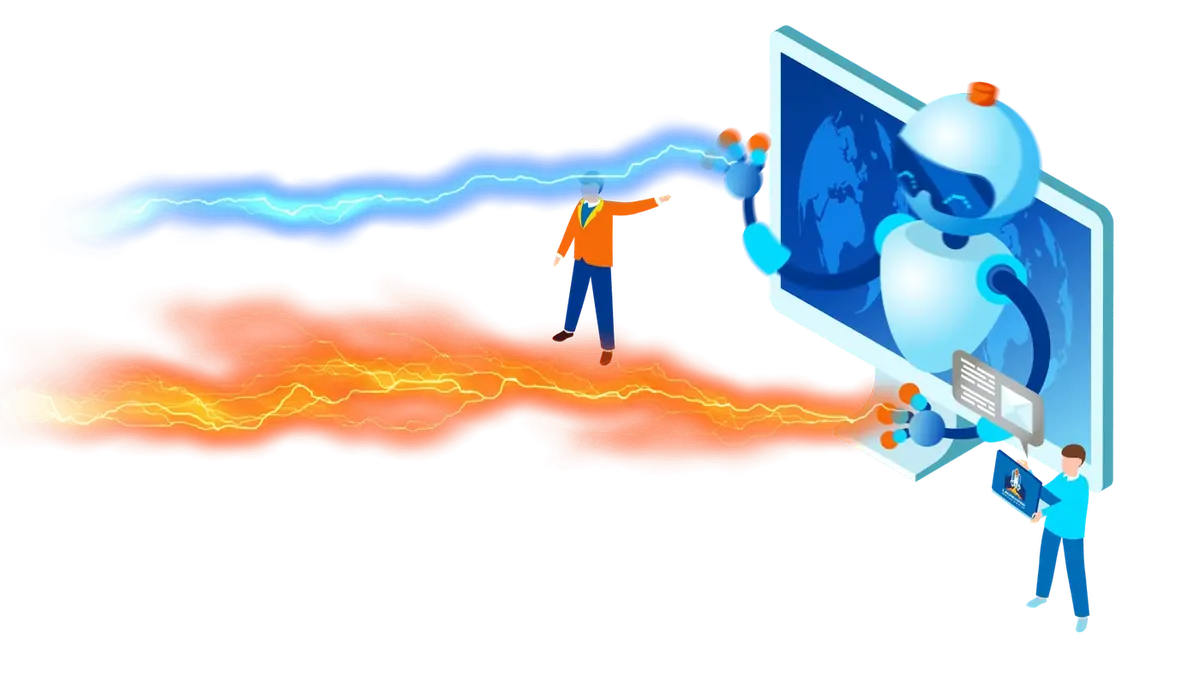 Illustration of people working alongside an AI assistant