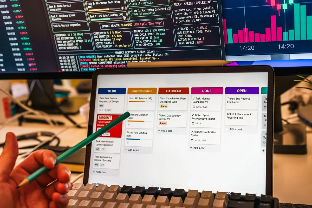 Tablet and monitors showing data charts and business workflows